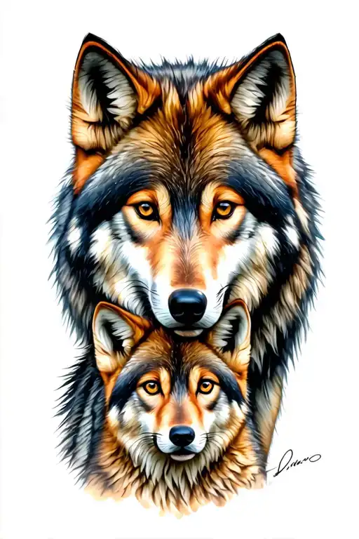 Wolf With Two Cubs Face Only