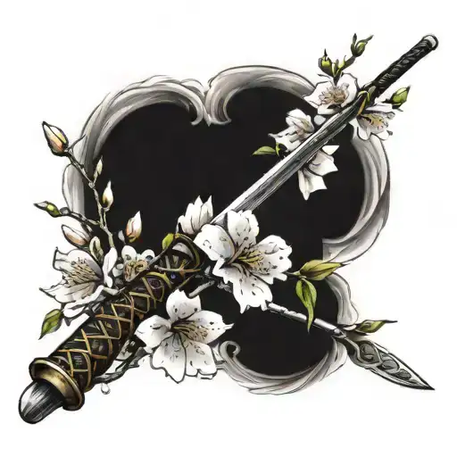 Cherry Blossom Branch With A Samurai Sword