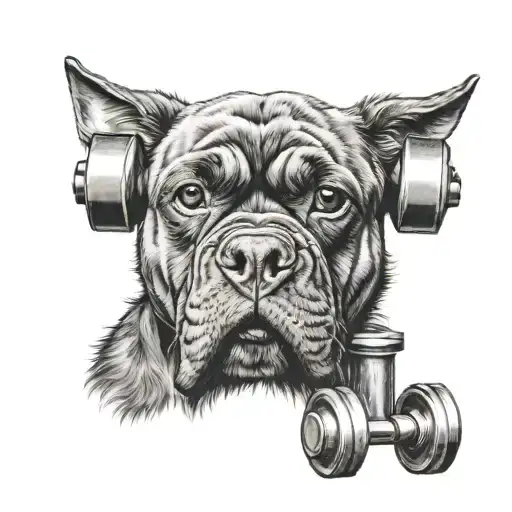 A Realistic Portrait Of A Family Pet With A Gym Dumbbell In Its Mouth