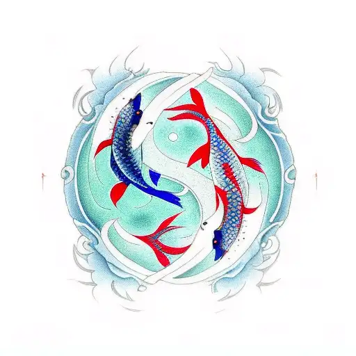 Yin Yang Koi Fish With Cherry Blossoms With Color