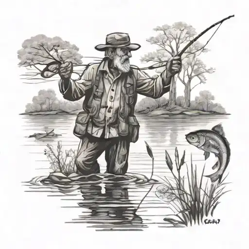 Old Man Fishing In A Lake Surrounded