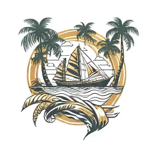 A Geometric Pattern Of Gold Bars Forming The Shape Of A Boat On A Background Of Palm Trees