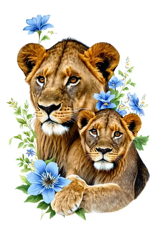 Lioness Two Lion Cubs Flower