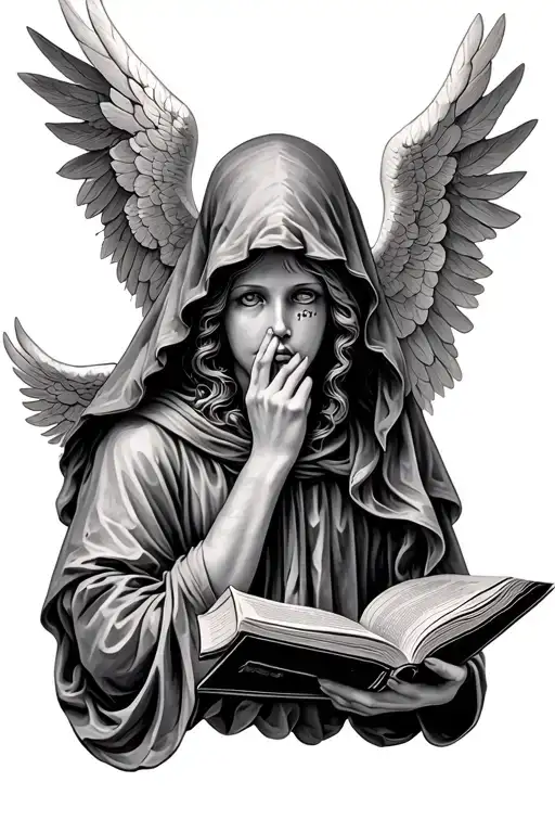 A Hooded Angel With Eyes Covered Holding A Book While Shushing