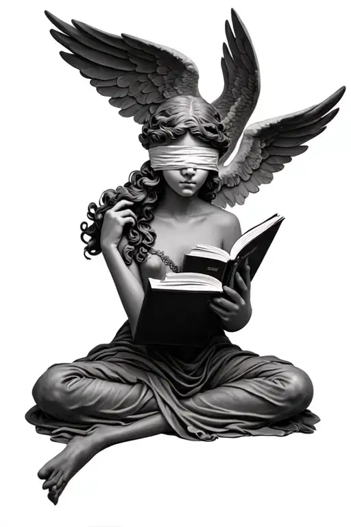 A Blindfolded Angel Reading A Book While Shushing