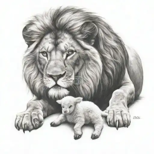 Angry Lion Standing Guarding A Happy Lamb Laying At Its Feet