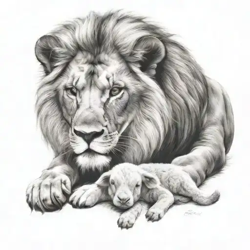 Scarred Lion Guarding A Happy Lamb Laying At Its Feet