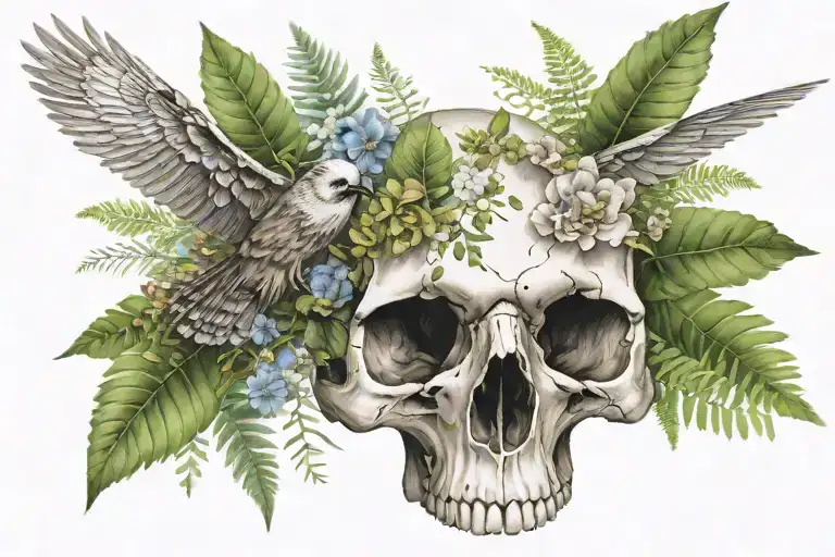Bird Skull Surounded By Flowers Eucalyptus And Ferns