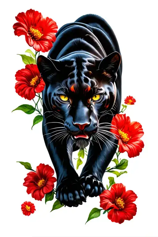 Black Panther Crawling Down Surrounded By Red Flowers