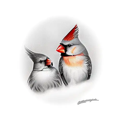 Male And Female Cardinals Leaning Against Each Othet