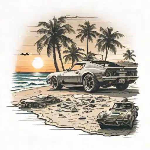 A Beach Scene With A Guitar Player Serenading The Sunset And A Sports Car Parked Nearby