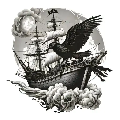Pirate Ship With Raven Flying