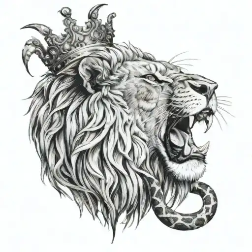 Lion With A Big Long Maine Holding A Dead Snake In Its Mouth With A Thorn Crown On Its Head
