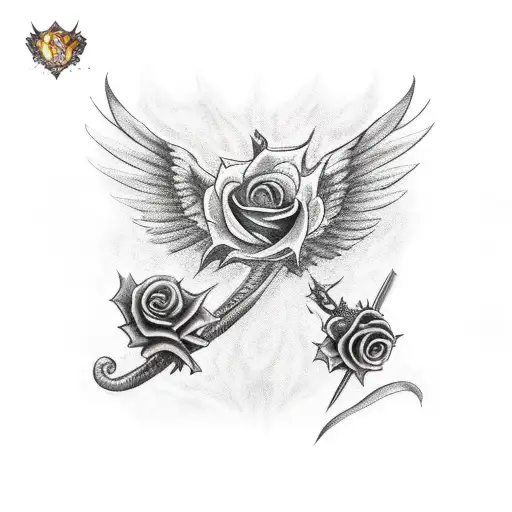 Arm Dragon With Wings And Sword With His Mouth And A Rose