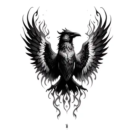 Black And White Stylized Flame And Crow Phantom Wings Spread Wide