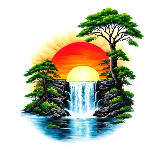 Rising Sun And A Waterfall