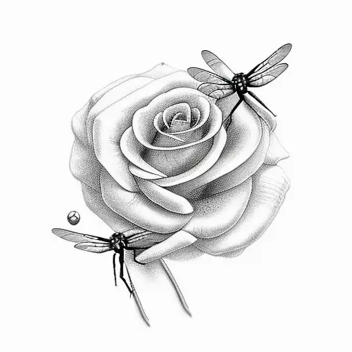 Two Roses And A Dragonfly In The Middle Of Them