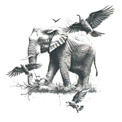 Elephant In Forest With Birds