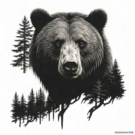 Dark Forest And Bear Face With Seasons