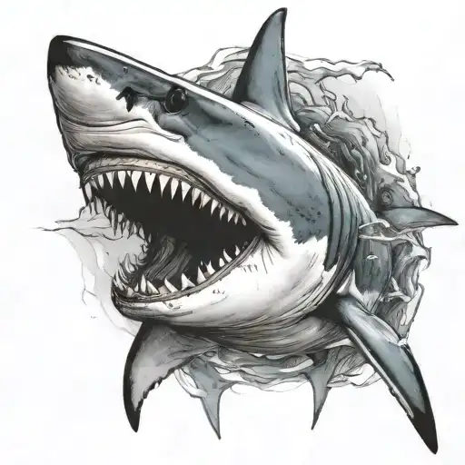 A Realistic Portrait Of A Shark Swimming In A Horror-themed Underwater Scene