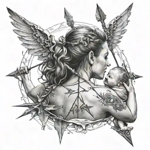 Mother Holding Her Baby With Spears And Arrows Piercing Her Back