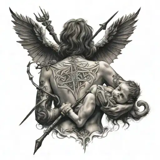 Mother Holding The Devils Baby With Spears And Arrows Piercing Her Back