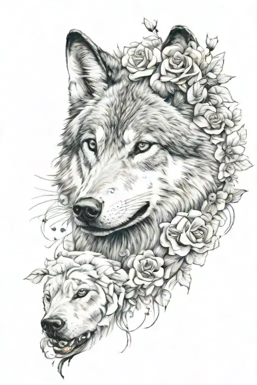 Wolf Blended By Roses And Mayflowers