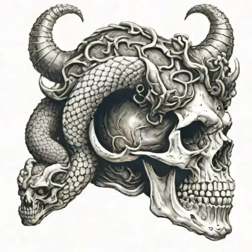 A Skull With Demon Horns And Snake Wrapped