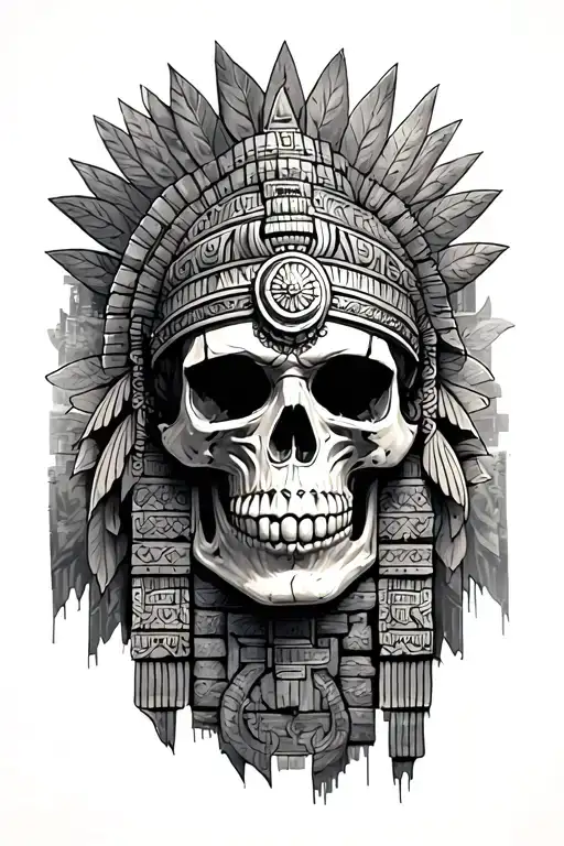 Aztec Skull And Temple Surrounded