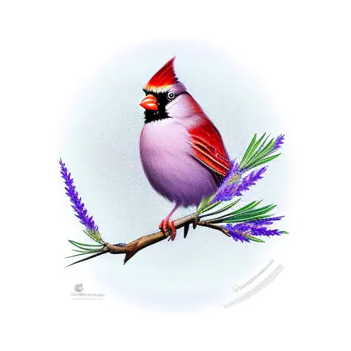 One Single Sprig Of Lavender Standing Straight Up With A Cardinal Perched On The Side