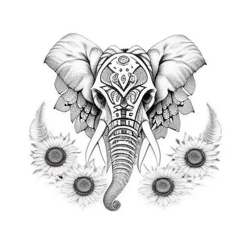 Elephant Skull With Feathers And Sunflowers