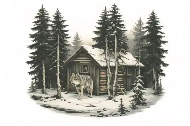 Forest Scene With Wolf And Cabin Covered In Snow