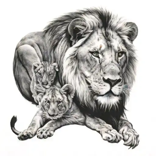 Lion With Two Female Cubs