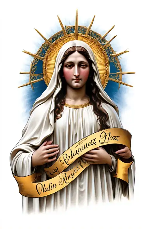 Virgin Mary With 2 Ribbons Across Her Lower Body Sayin Valdez On One And Rodriguez On The Other