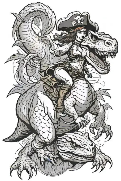 Woman Pirate Riding A Trex While It Charges