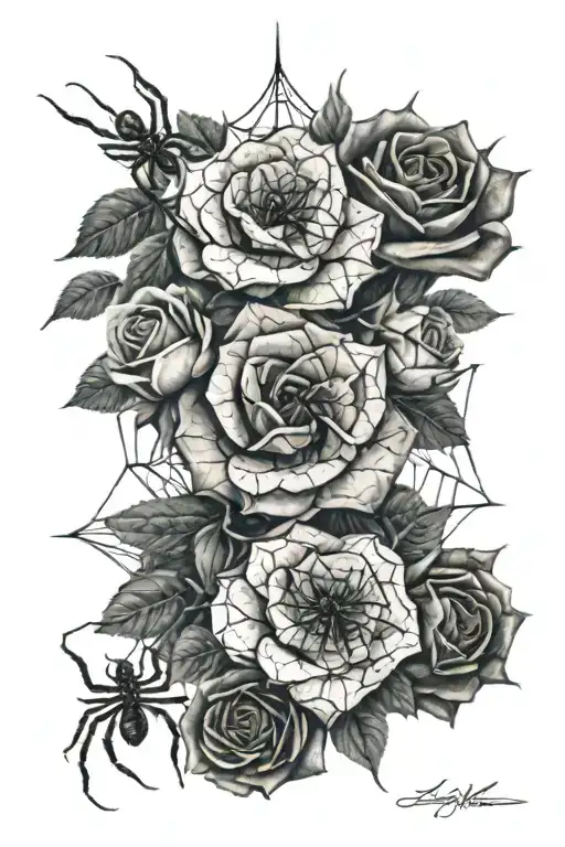 Rose Bunch Covered In Spider Web And Black Widows