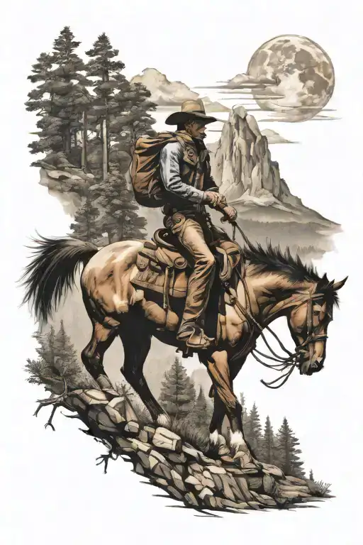 Cowboy Riding A Horse Mountains And Pine Trees In Distance