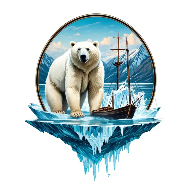White Bear On An Ice Floe And A Boat Breaking Ice