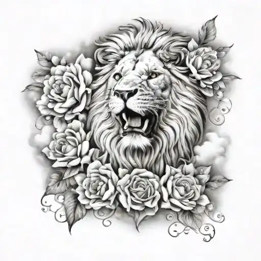 Lion Head Surrounded By Flowers And Clouds With A Dove