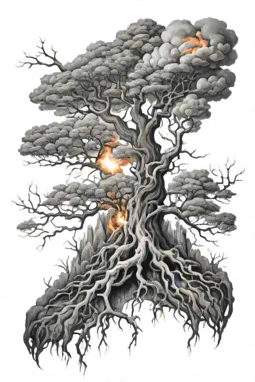 Surreal Tree On Fire With Roots Forming Greyscale