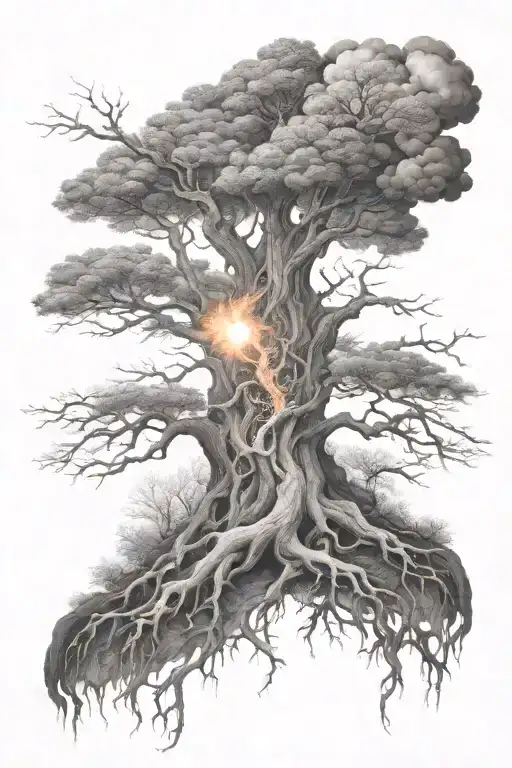 Surreal Tree On Fire With Roots Forming Greyscale