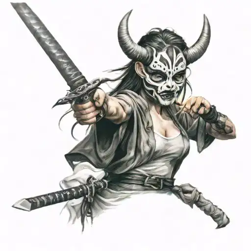 Girl In A Demon Mask With A Katana