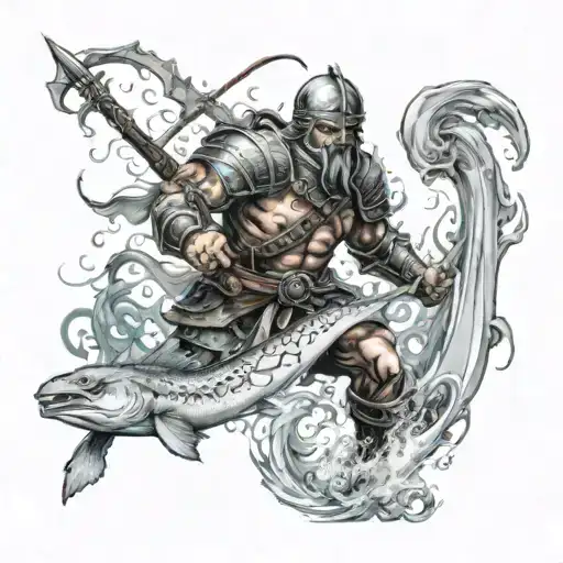 A Fierce Warrior Battling Against Sea Creatures Under The Influence Of Alcohol