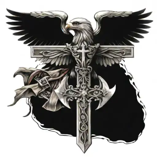 Eagle Resting On A Sword That Looks Like A Crucifix