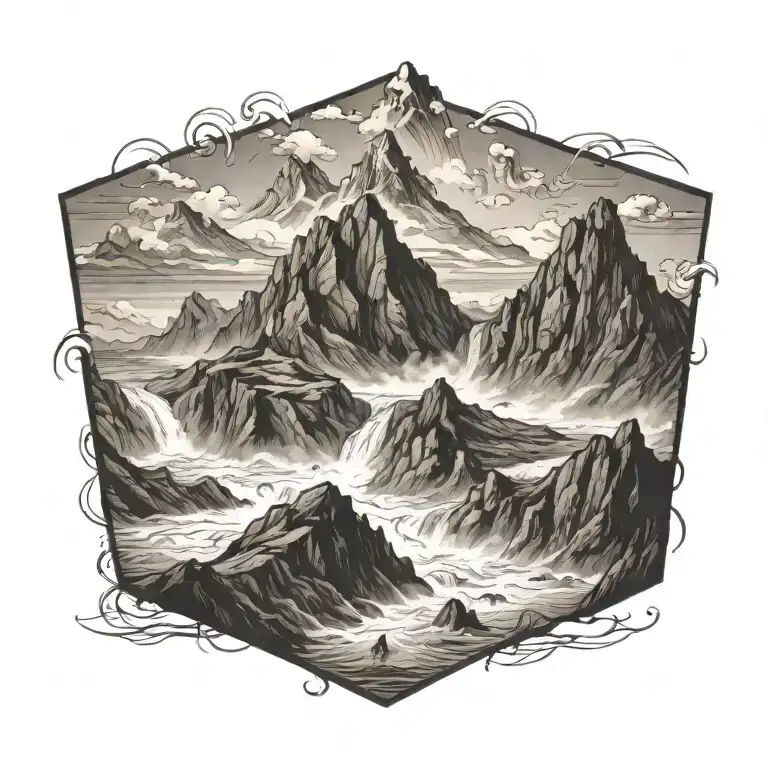 Large Mountain Surrounded By Receding Water Waves