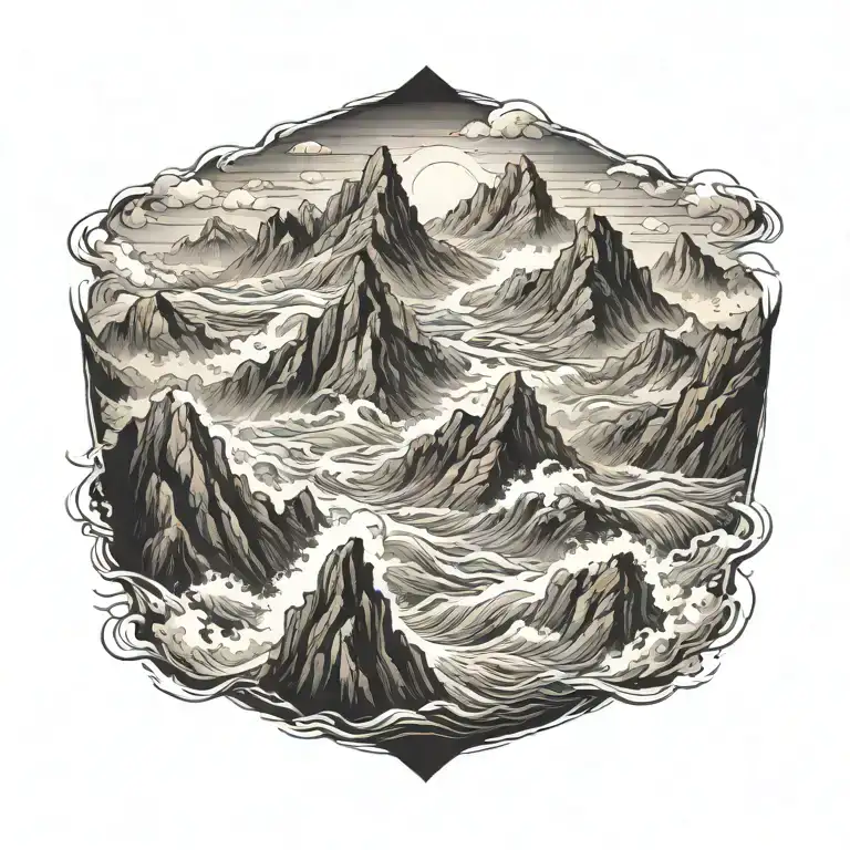 Large Mountain Surrounded By Receding Water Waves