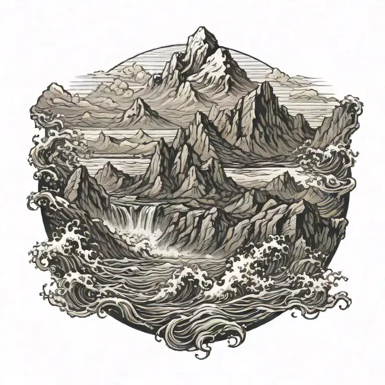 Large Mountain Surrounded By Receding Water Waves