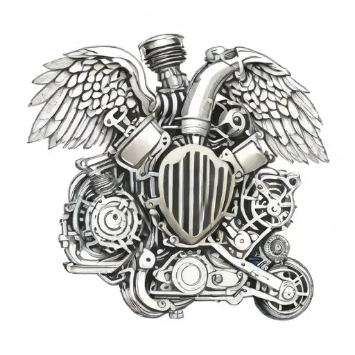 Motorcycle Engine Morphing Into A Detailed Mechanical Heart With Blonde Angel Wings