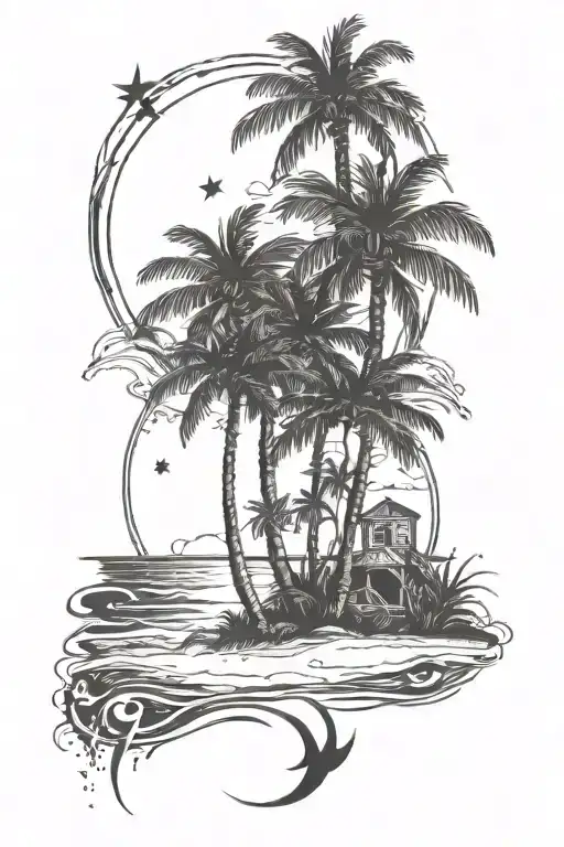 Beach Scene With Palm Trees Pentagrams In The Night