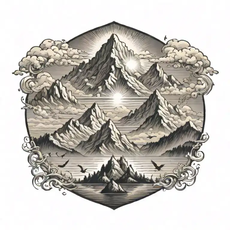 Large Mountain With Sun Clouds And Birds Surrounded By Receding Torrents Of Flood Waters